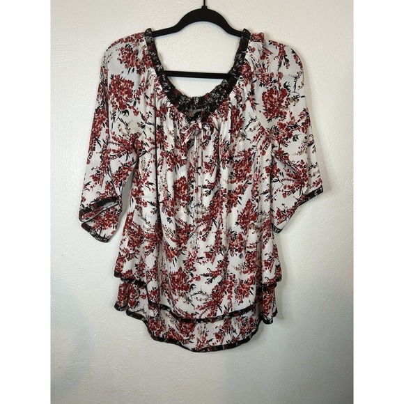 White House Black Market Tops - White House Black Market Floral Peasant Blouse Size L Red Black Tiered Boho Top